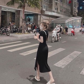 Đầm body nữ trơn thiết kế cổ tròn dáng xòe dài xẻ bên sang chảnh, Váy ôm nữ ngắn tay dự tiệc rẻ đẹp trẻ trung