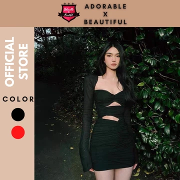 Đầm Body Thun Tay Dài 2 Lớp Cut Out, Váy Ôm Cổ Vuông Co Giãn Sexy Dự Tiệc Sang Trọng