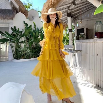 Đầm maxi vàng xoè nhún tầng du lịch vintage, váy dạ hội đi tiệc prom sống ảo style thổ cẩm boho