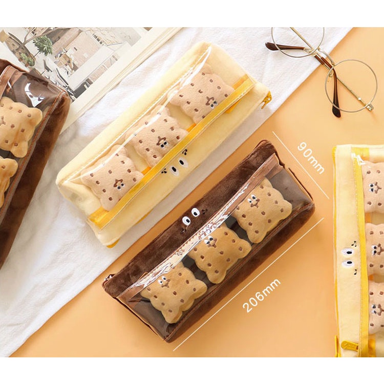 (Thaosi8420) Hộp đựng bút, túi đựng bút bé bánh quy lông mịn kèm stiker bông dễ thương KT 21.5*4.5*9