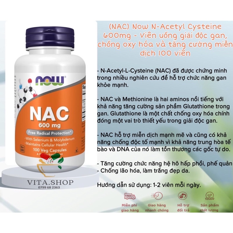 NAC Now Foods N-Acetyl Cysteine 600mg - Viên Uống Giải độc Gan, Chống ...