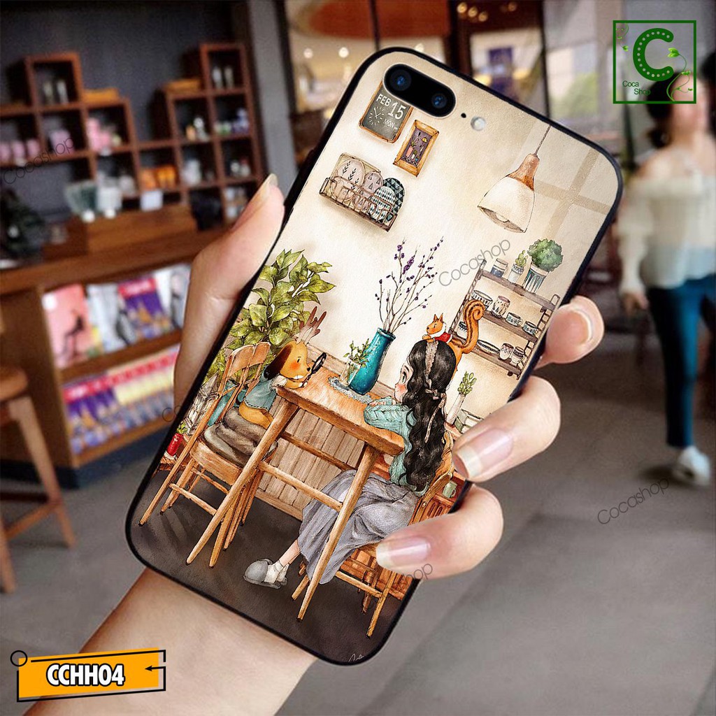 Ốp lưng iphone mặt kính cường lực chống va đập - Cô gái tâm sự cùng chú chó cực dễ thương - 6/6plus/6s/6splus/7/7plus...