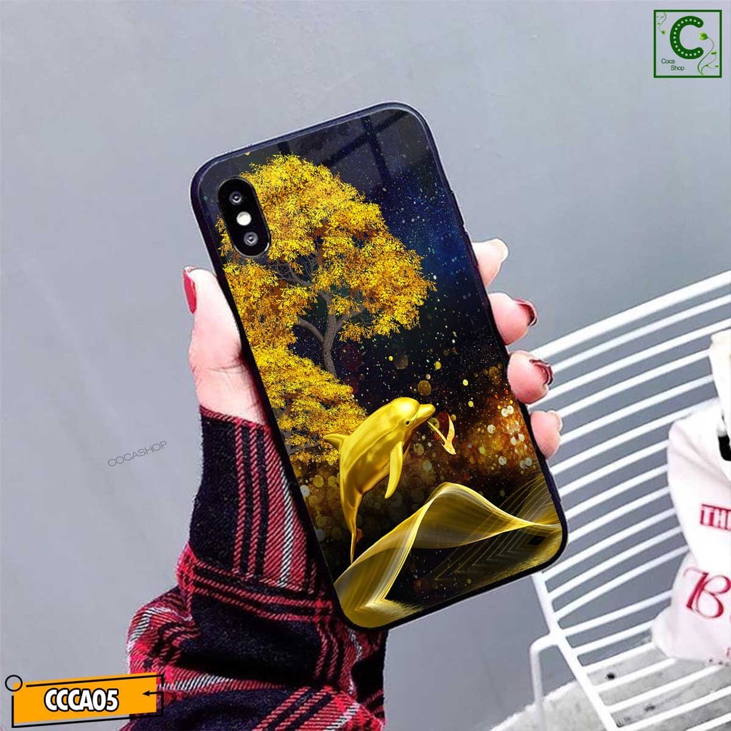 Ốp lưng iphone mặt kính cao cấp - Cá heo vàng bên cây kim tiền may mắn  - 6/6plus/6s/6splus/7/7plus/8/8plus/x/.....