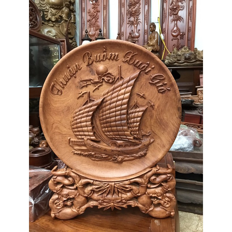 Đĩa Phong thuỷ thuận buồm xuôi gió gỗ hương đá liền khối