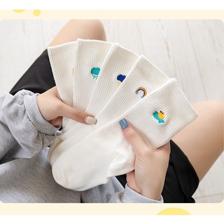 Tất vớ cổ cao nữ trắng nhún phong cách Nhật Hàn thêu hình thời tiết dễ thương chất liệu cao cấp hợp mùa hè HANASO TD051