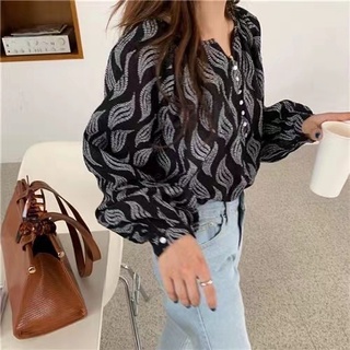 Phong Cách Hàn Quốc Nữ Nữ Rời Voan In Áo Sơ Mi Tay Dài Áo Baju Baju Wanita Lengan Panjang
