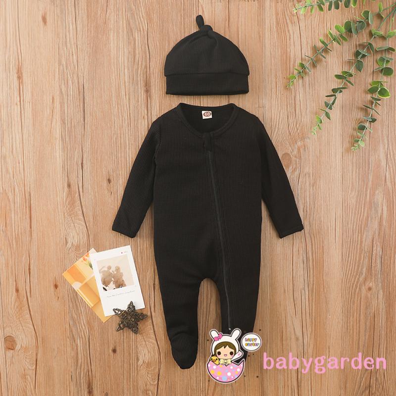 Bộ Áo Liền Quần Tay Dài Cổ Tròn Màu Trơn + Mũ Xinh Xắn Cho Bé 0-24 Tháng Tuổi