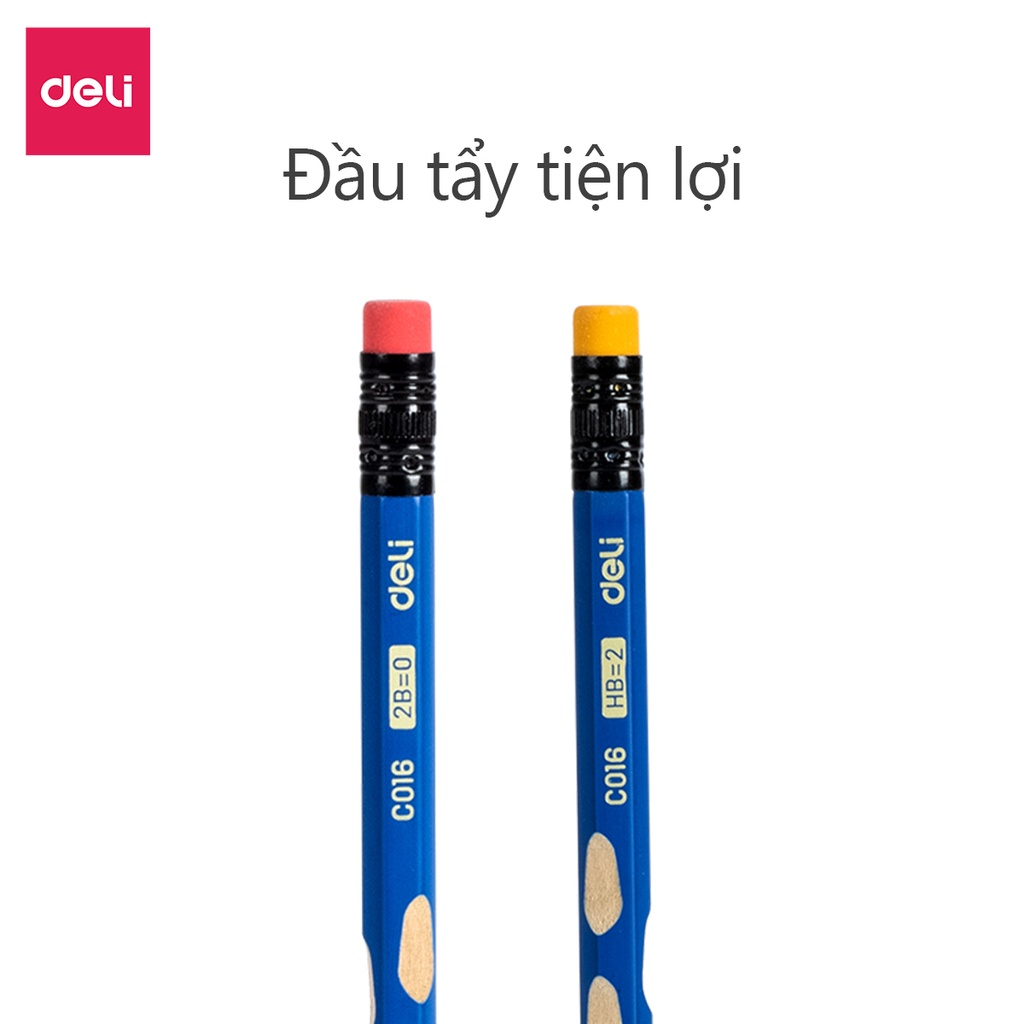 Hộp 12 Cây Bút chì định vị lục giác Graphite Pencil 2B/HB Deli - Thân gỗ mềm, Dễ gọt, Kèm đầu tẩy tiện dụng