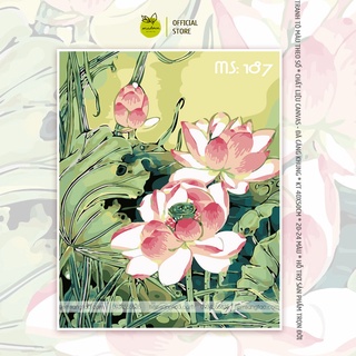 Tranh tô màu số hóa Madoca có khung 40x50cm Hoa sen xanh lá T187