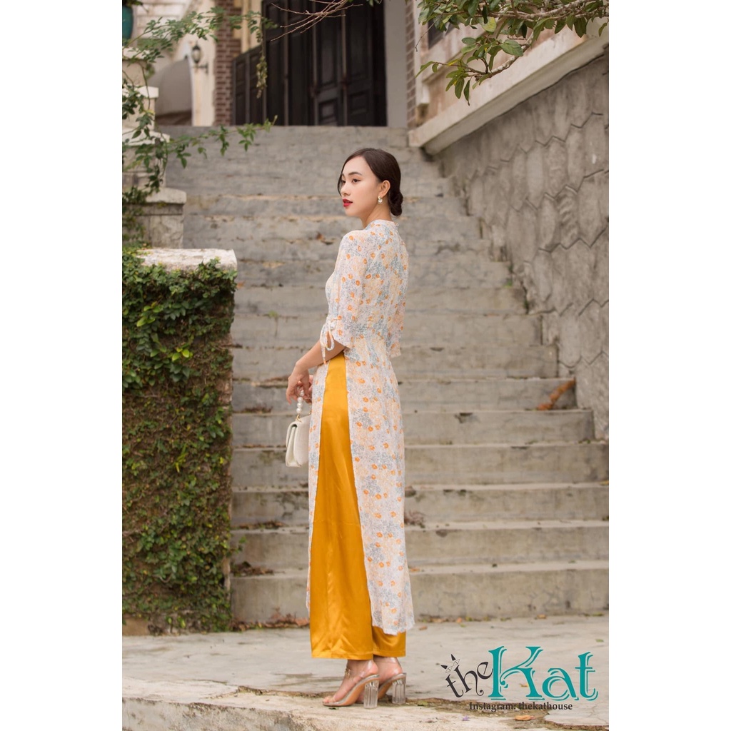 Set Áo Dài Tơ Hoa Nhí 2 tà kèm quần lụa The Kat House, tay cột dây dịu dàng, thanh lịch