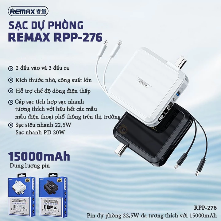 Re max Rpp 276 Sạc dự phòng 15000mAh có đèn led. Sạc dự phòng đa năng 22.5W tích hợp cốc sạc