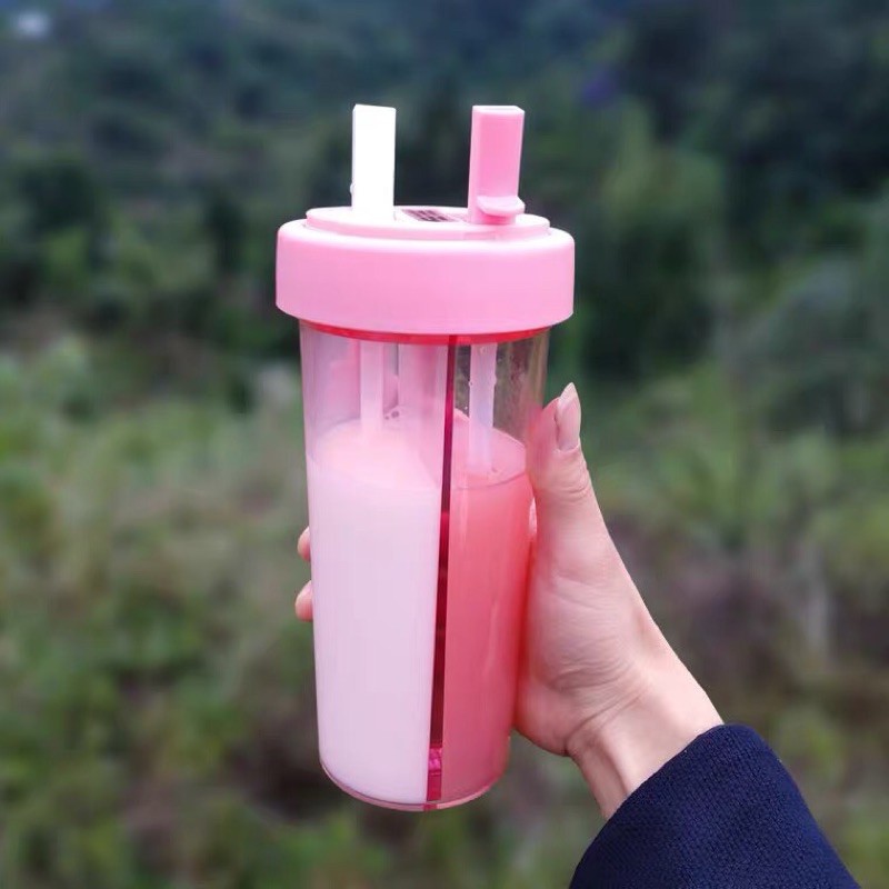 Bình đựng nước 2 ngăn kèm ống hút