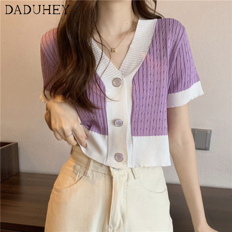 Ảnh Áo thun DADUHEY dệt kim tay ngắn cổ chữ V dáng ôm thời trang mùa hè dành cho nữ có 4 màu tùy chọn 3