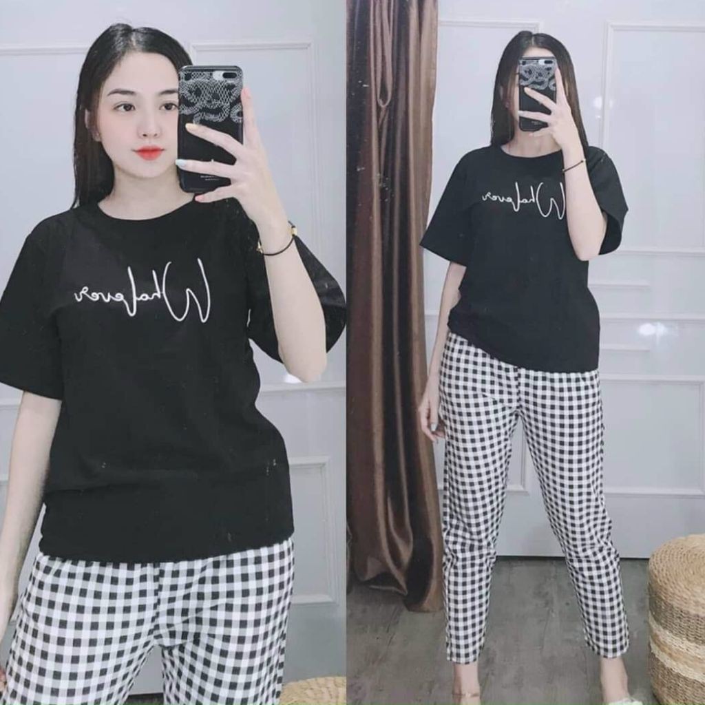 Đồ Bộ Nữ Bigsize ESHOP Đồ Mặc Nhà Thun Cotton Quần Dài Caro Thể Thao Dễ Thương Trung Niên MS901