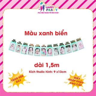 Dây treo ảnh 12 tráng, dây hình 12 tháng trang trí sinh nhật, trang trí thôi nôi HAPPY PARTY cao cấp ánh kim kt 11x21cm
