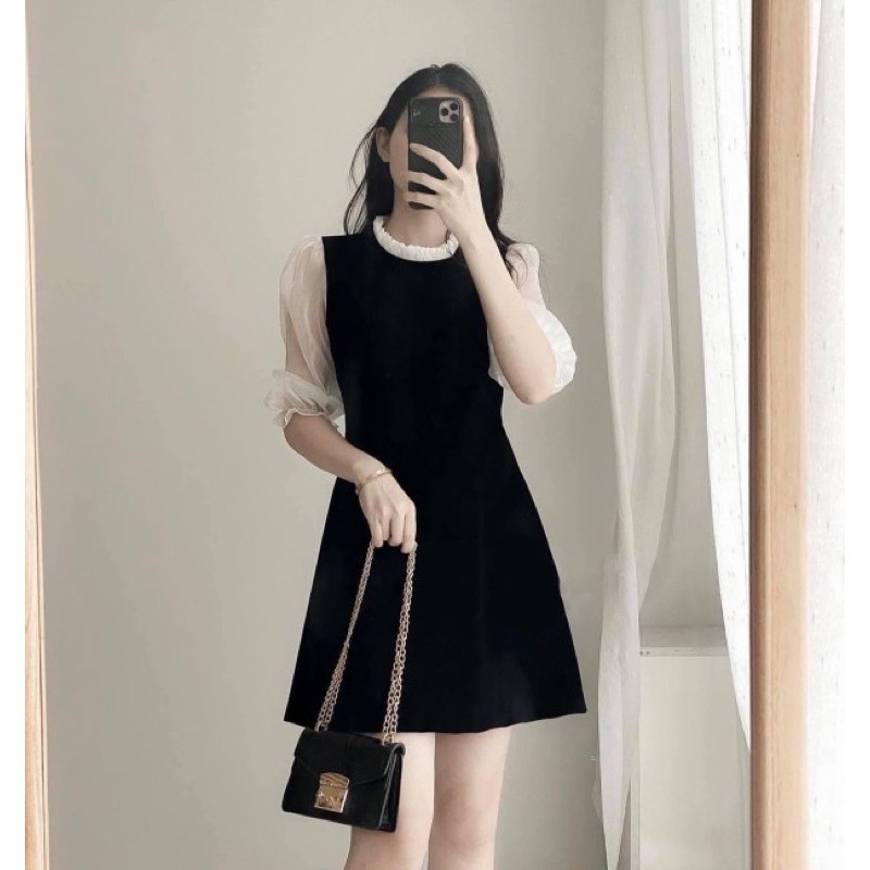 V01- dai váy 90cm Đầm(váy) tay lỡ phối tơ ánh nhũ chất chéo thái màu đen và đỏ (hàng có sẵn-kèm ảnh thật)