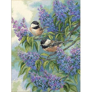 Mẫu thêu chữ thập hoa lilac và chim sẻ