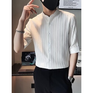 Hàn Quốc Chất Liệu Xếp Ly Hàn Quốc Ba Phần Tư Tay Đứng Cổ Áo Sơ Mi Mùa Hè Mỏng Ba Phần Tư Tay Áo Sơ Mi Giữa Tay Áo Sơ Mi Nam