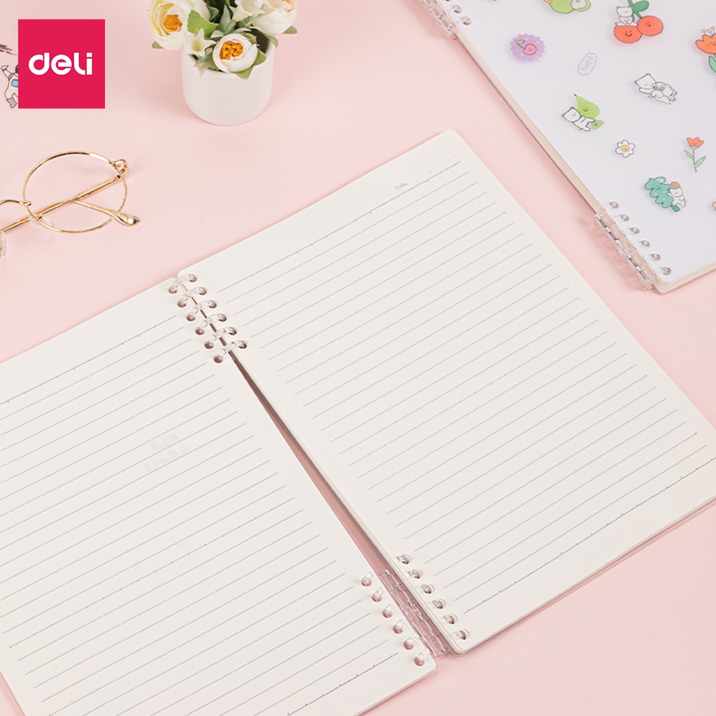 Sổ vở lò xo gáy xoắn kẻ ngang Deli khổ A5/B5 100 trang bìa nhựa ghi chép có kèm sticker trang trí đi kèm - 24507