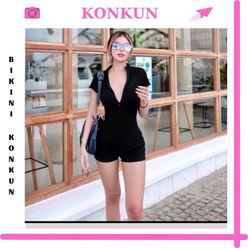 [Size M,L,XL] Bikini đồ bơi nữ có tay khóa kéo màu đen form short sành điệu kín đáo KONKUN MS85