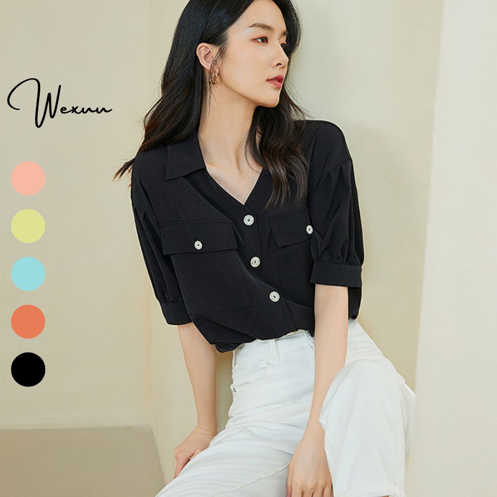 Áo sơ mi nữ thiết kế Xuu Design, Áo kiểu nữ cổ V tay lỡ giả lắp túi ...