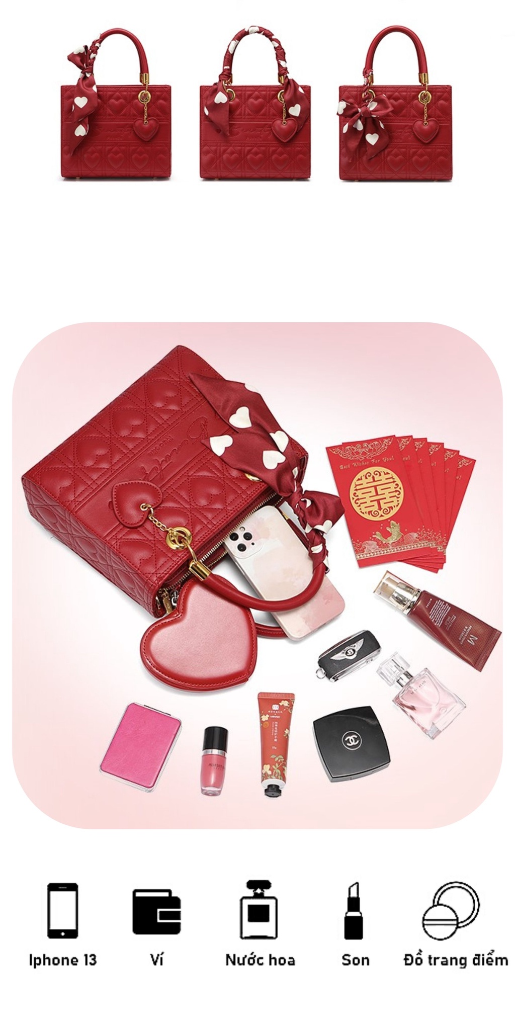 Mô tả Túi xách nữ đi tiệc đẹp Nucelle thời trang phối khăn nơ charm tim ViAnh Store 1172003 - 5