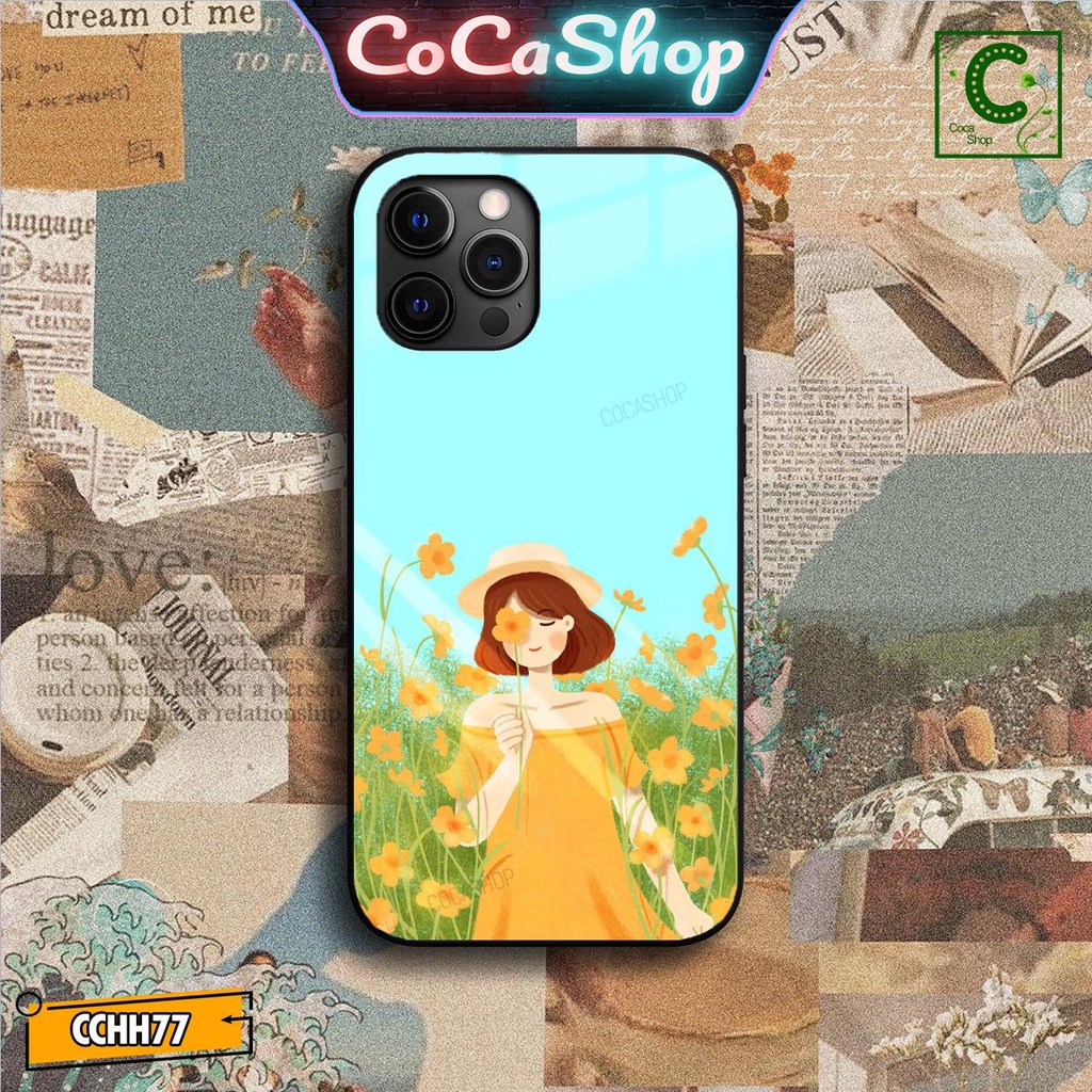 Ốp lưng iphone mặt kính in hình cực đẹp - Cô gái diện váy màu vàng xinh tươi thả hồn cùng những bông hoa khoe sắc