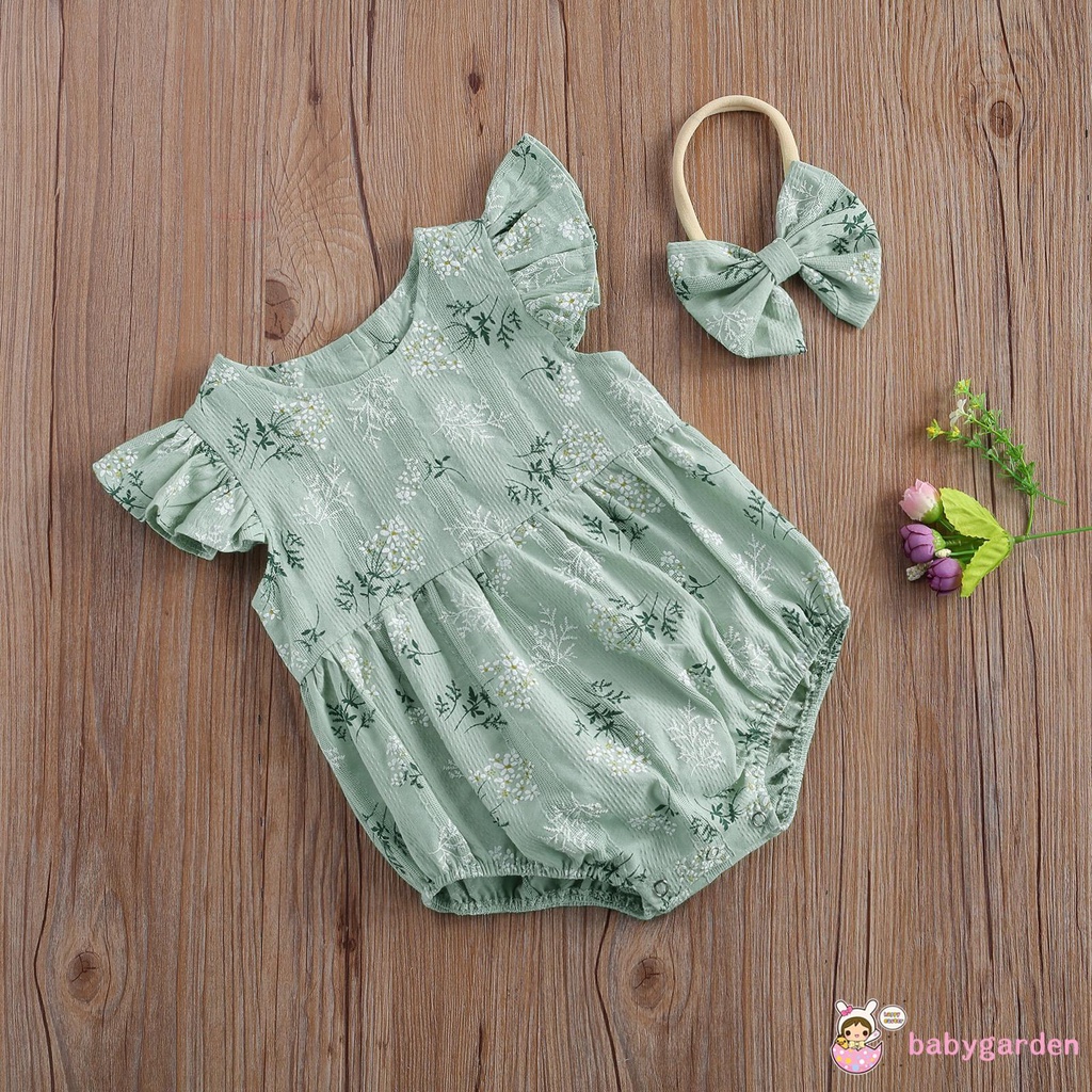 Romper tay xòe cổ tròn in họa tiết hoa kèm băng đô thời trang xinh xắn cho bé gái