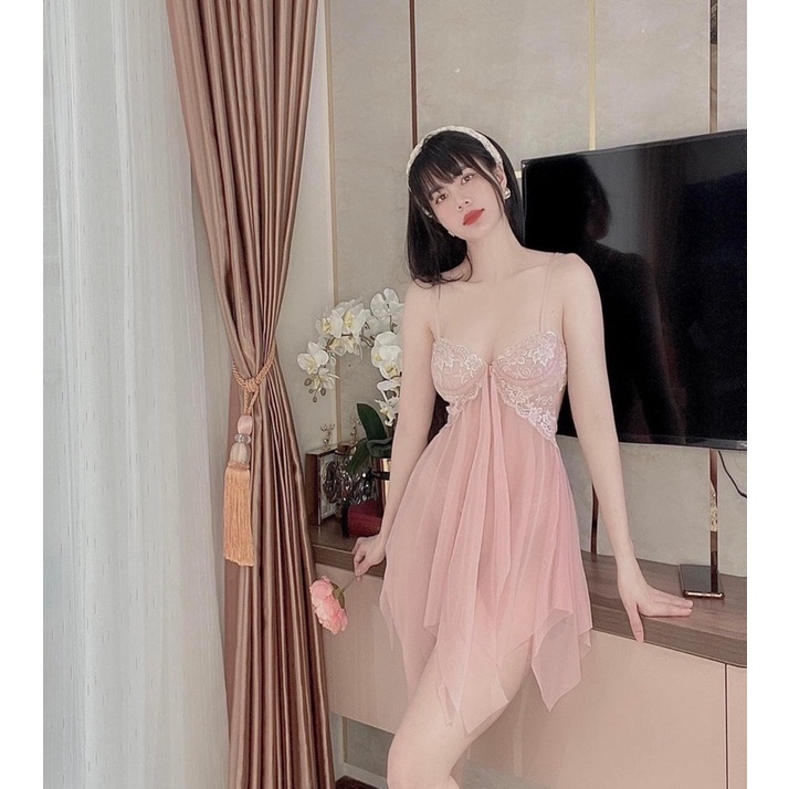 Váy ngủ lụa 2 dây voan xuyêu thấu kèm gọng ngực sexy QCCC- váy xuyên thấu gợi cảm quyến rũ