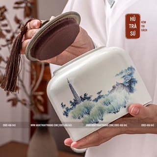 Hũ Trà Gốm Sứ Xanh Lam Mây - Binh Kèm Túi Vải Tiện Dụng - Bảo quản Trà, giữ hương thơm trà tốt