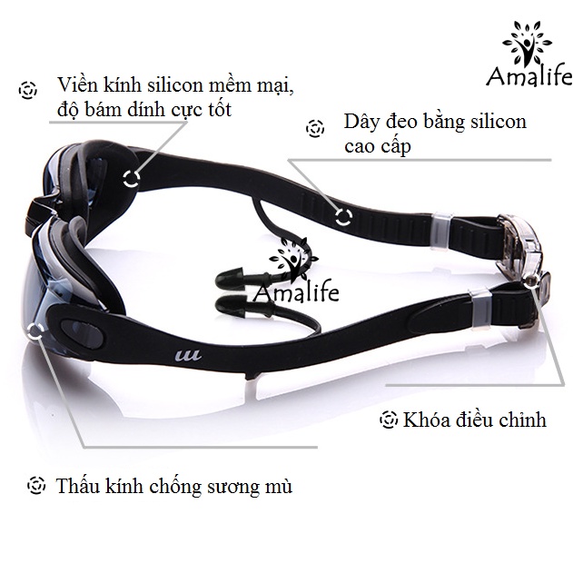 Ảnh Combo Mũ Bơi Silicone Bịt Tai + Kính Bơi Bịt Tai Chống UV Cùng Màu, Mũ Bơi Bịt Tai silicon Kính Bơi Bịt Tai Hãng Amalife 4