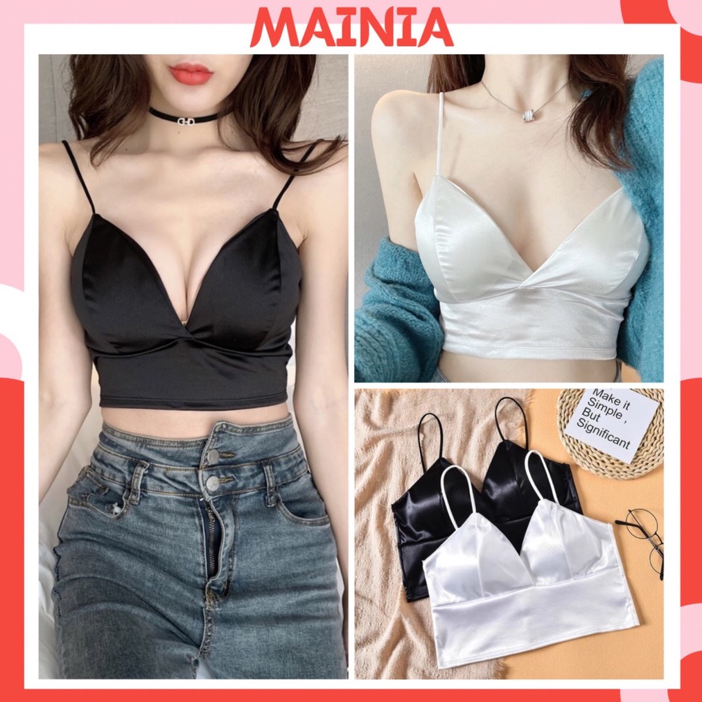 Áo Bra Satin Bản To Lụa Phi Bóng Áo Bra Crotop Hai Dây Trắng Đen Sexy  Mainia Shop | Shopee Việt Nam