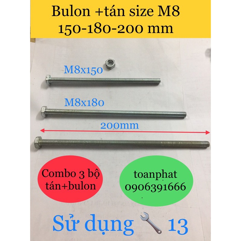 3 con bulon + tán M8 | size M8x150/ M8x180/ M8x200 mm | Shopee Việt Nam