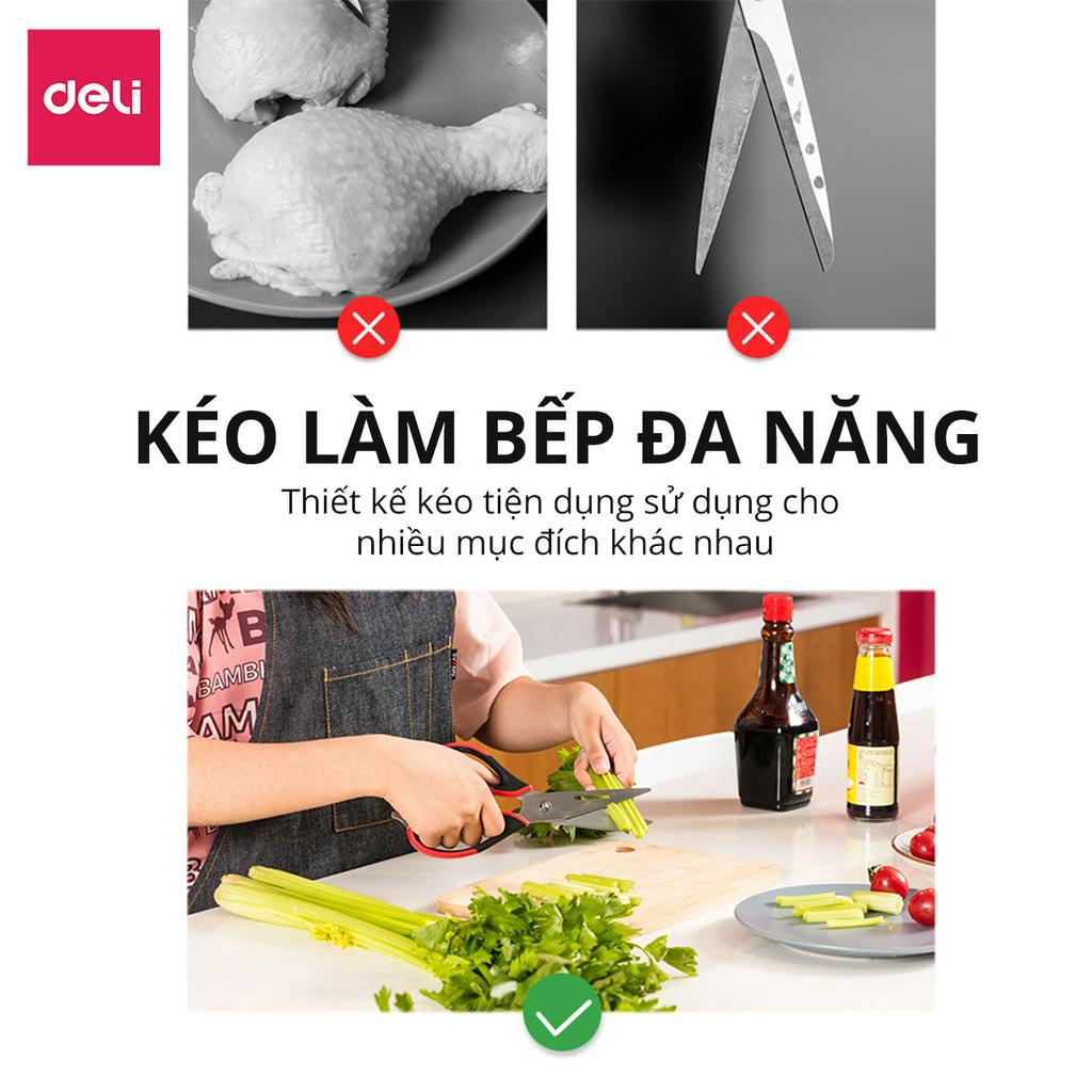 Kéo bếp lưỡi thép không gỉ tháo dời Deli Kéo cắt gà thịt, xương cạo vảy cá, mở nắp chai, kéo đa năng cao cấp - 77770
