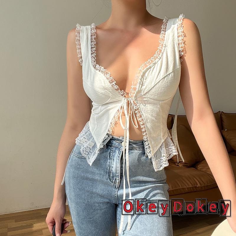 Áo Crop Top Cổ Chữ V Viền Ren Màu Trắng Dễ Thương Thời Trang Hàn Quốc Cho Nữ OKDK-y2k