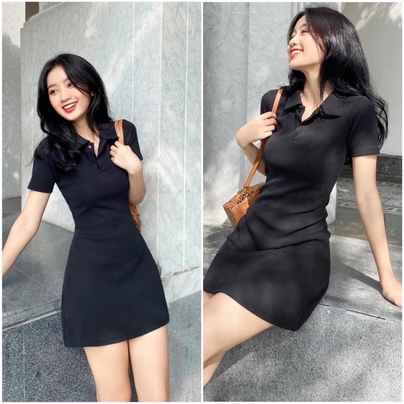 Đầm polo dáng suông đen polo dáng ngắn trên gối trẻ trung năng động Váy phông có cổ body liền thân basic đơn giản T1268G