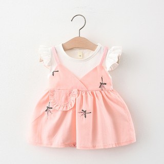 (3-6th) Váy bé gái giả yếm tay bèo hàng Quảng Châu vải cotton tự nhiên mềm mát D722