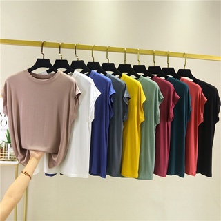 Áo thun nữ Modal Cotton cổ tròn Áo màu xám dáng rộng Áo thun không tay cỡ lớn Plus Size