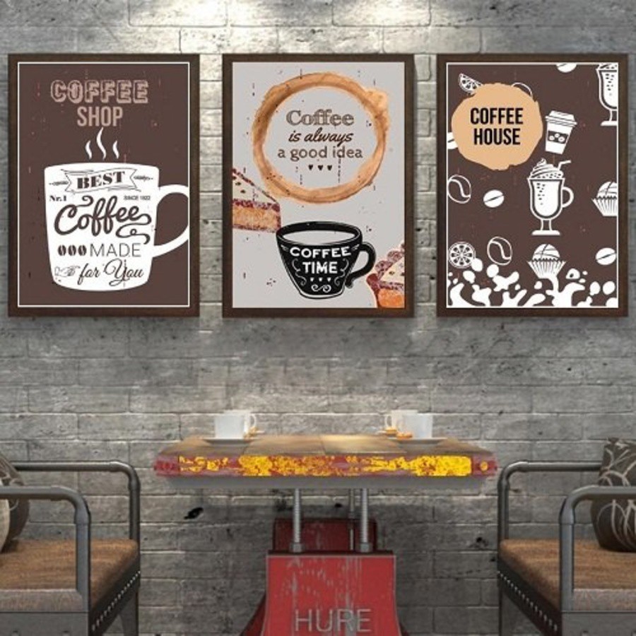 Bộ 3 tranh canvas treo tường Lala chủ đề cà phê trang trí quán cà phê, quán ăn kèm đinh 3 chân treo tường đa năng