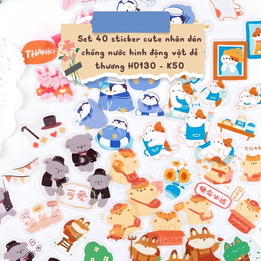 Sticker cute dán mũ bảo hiểm dán sổ set 40 nhãn dán chống nước hình động vật dễ thương HD130 - K50.