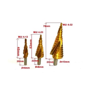 Bộ 3 Mũi khoan tháp rãnh xoăn KAPUSI K-3240 chất liệu titanium các cỡ từ 4-12, 4-22, 4-32mm