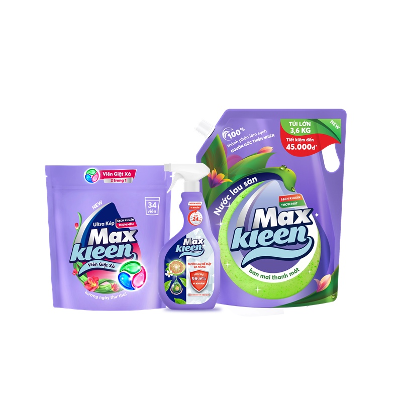 Ảnh Combo Chai Lau sàn MaxKleen Ban mai 3.6kg + Viên giặt (34 viên/túi)+ Chai xịt đa năng 520ml 1