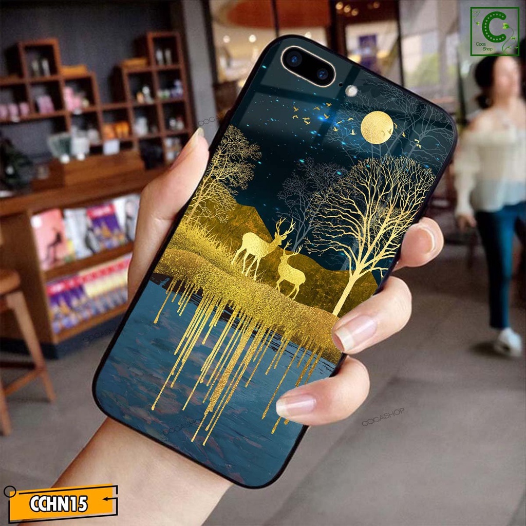 Ốp lưng iphone mặt kính cao cấp  - Đôi hươu vàng trên rừng vàng tài lộc - 6/6plus/6s/6splus/7/7plus/8/8plus/x/.....