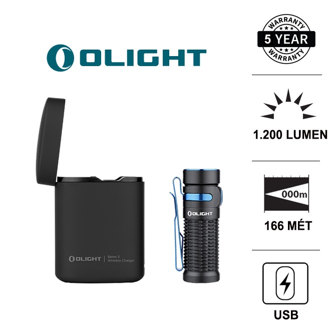 Olight Baton 3 Ocean Camouflage Premium Edition Flashlight – 1200 Lumens, 166M Range, With Wireless Charger