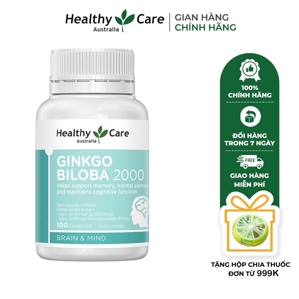Viên uống bổ não Healthy Care Ginkgo Biloba - Hỗ trợ giảm đau đầu, cải thiện trí nhớ (100 viên)