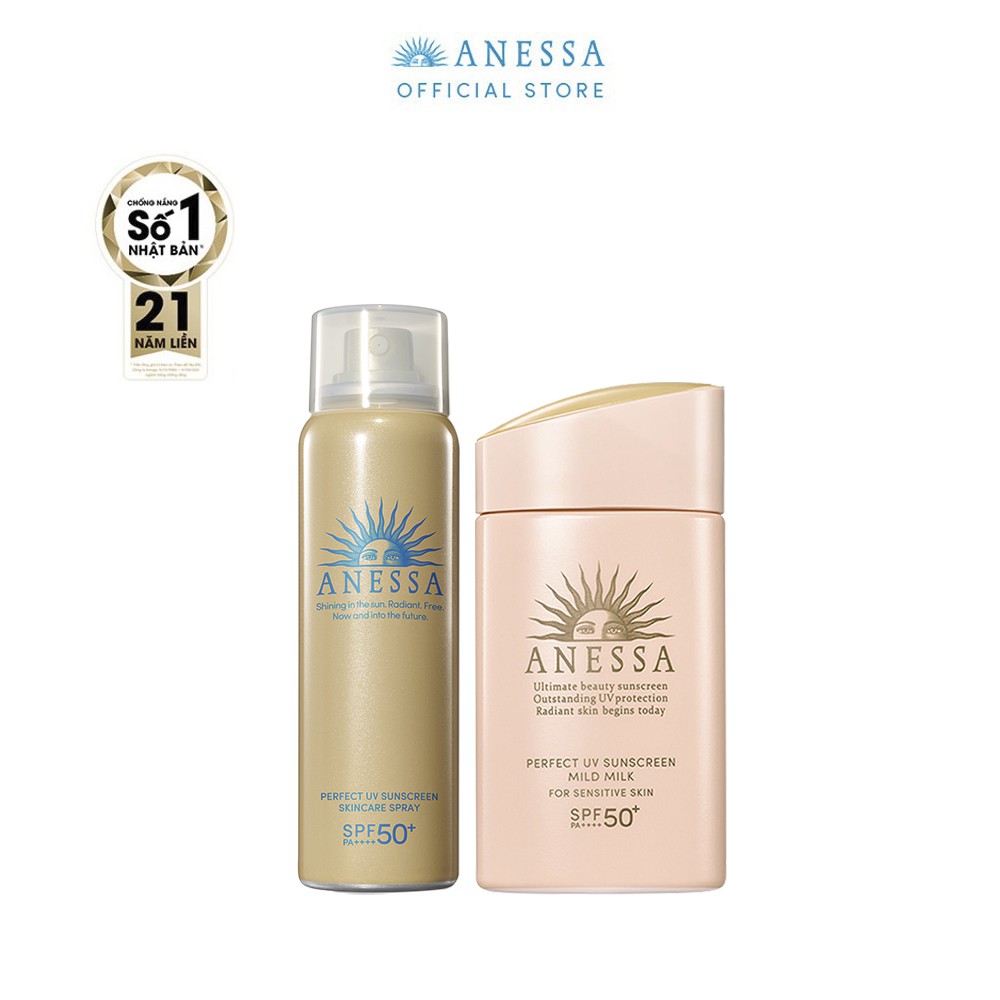Bộ đôi sữa chống nắng Anessa dịu nhẹ an toàn cho da nhạy cảm 60ml & Xịt chống nắng dưỡng da đa năng bảo vệ hoàn hảo 60g