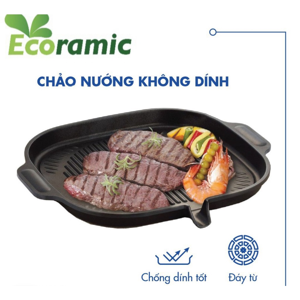 Chảo đá nướng vuông không cần dầu đáy từ Ecoramic - E…