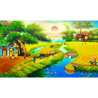 Tranh Dán Tường 3D Đồng Quê Ruộng Lúa Chín Thơm, hình ảnh đầu làng, đường làng quen thuộc