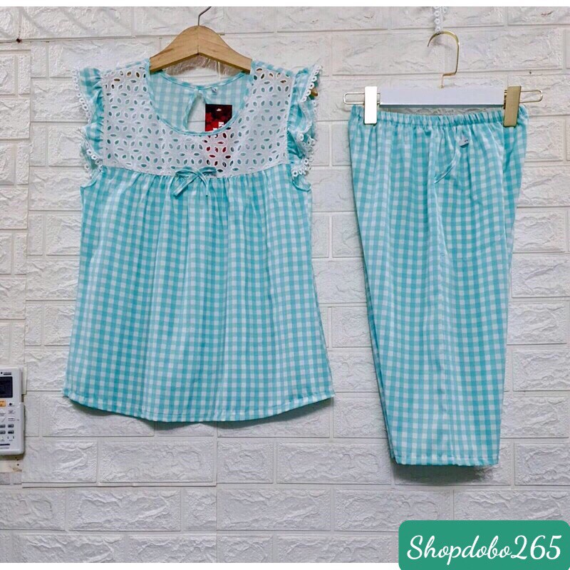 Đồ bộ nữ,đồ ngủ mặc nhà lửng vải lụa họa tiết caro phối ren siêu cưng size 45-65kg