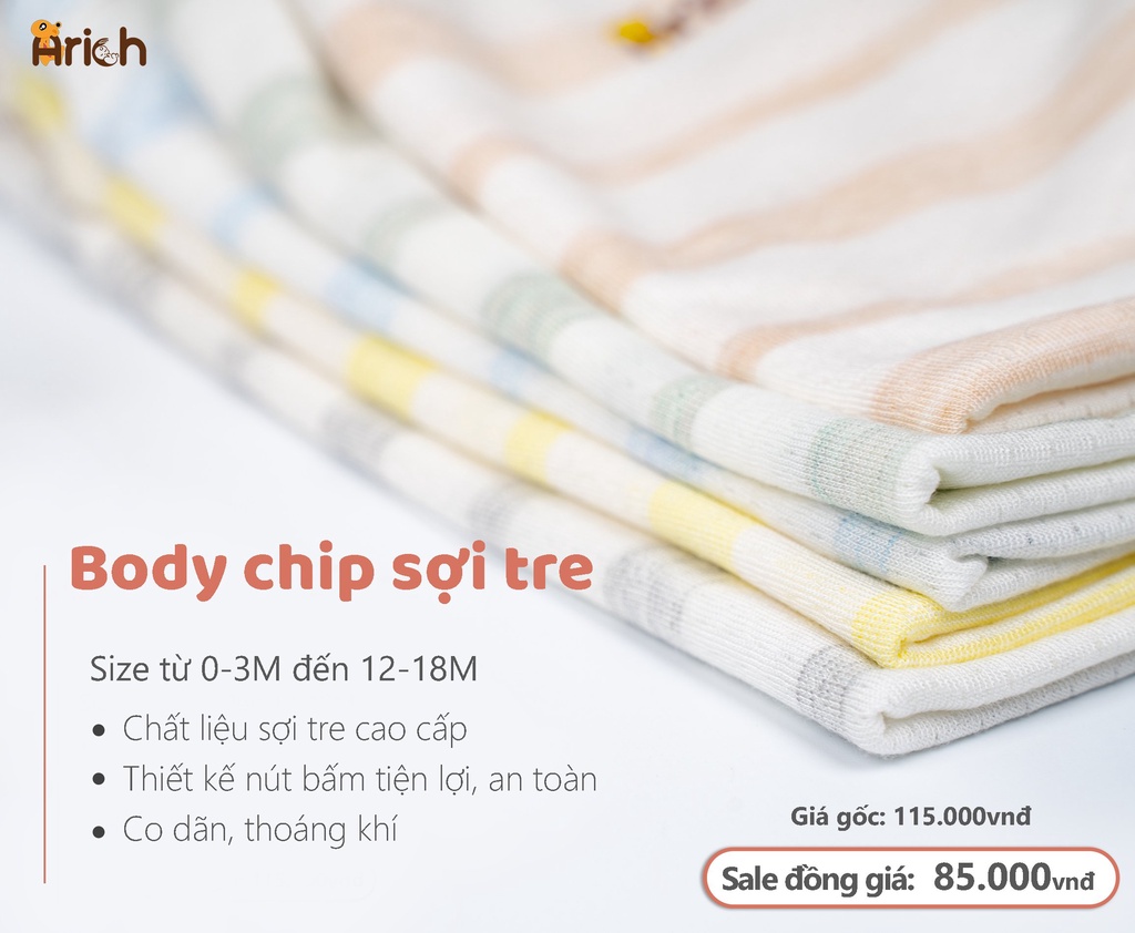 Mô tả Body chip cộc tay phối sọc Arich,vải sợi tre thông hơi, mát, mịn cho bé trai, gái sơ sinh -18 tháng - 1